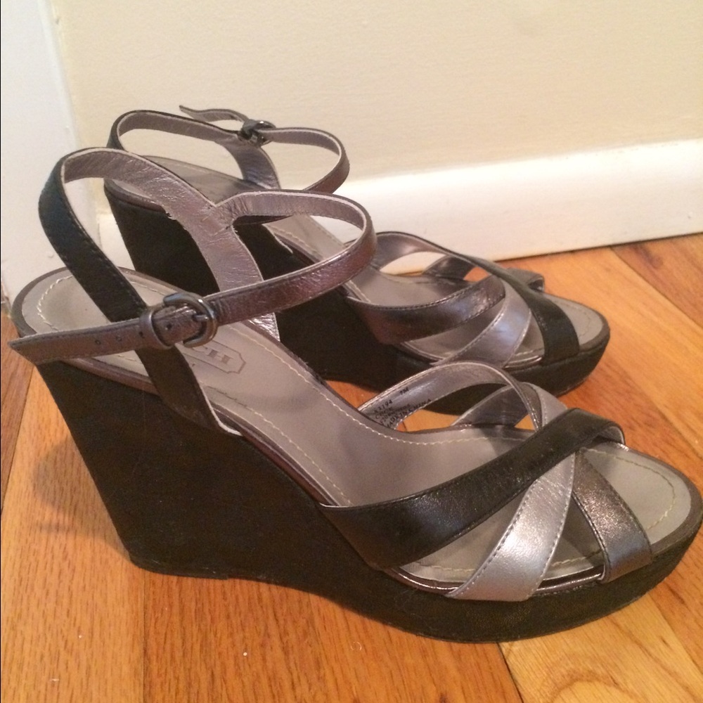 Coach Black and Metallic Silver Platform Wedge Sandals